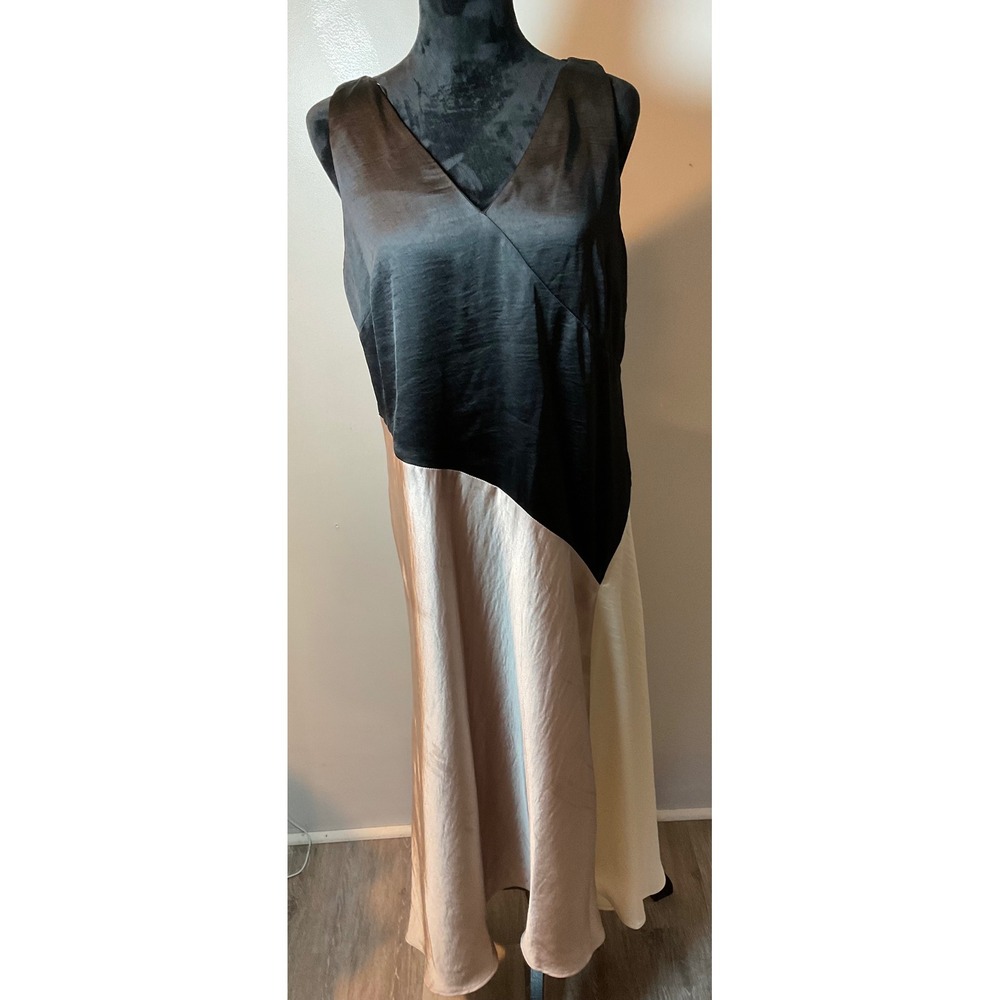 Body on Slip Dress‎ DKNY Colorblock V Neck Satin MIDI  Sz 10 Black Pink Cream - Picture 7 of 13